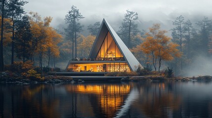 Fototapeta premium Modern Triangle Frame House by Serene Forest Lake