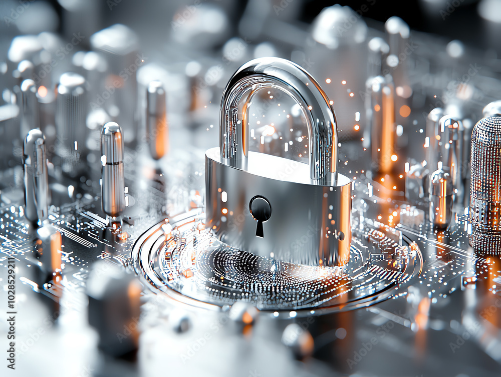 Poster a digital padlock on a circuit board with sparkling effects, representing cybersecurity.