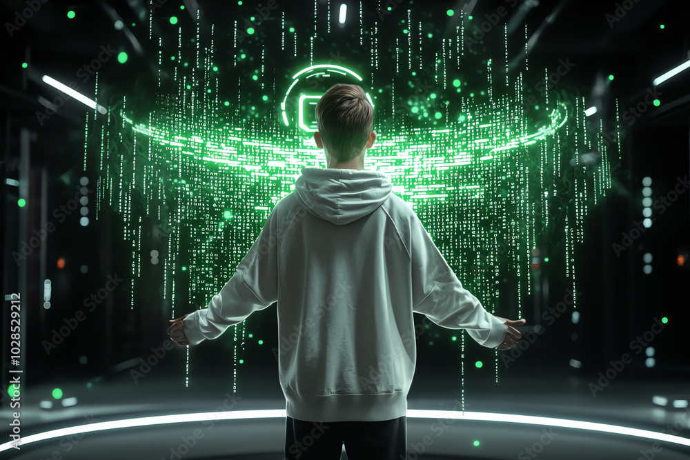 Poster a person interacting with floating digital data in a futuristic environment.