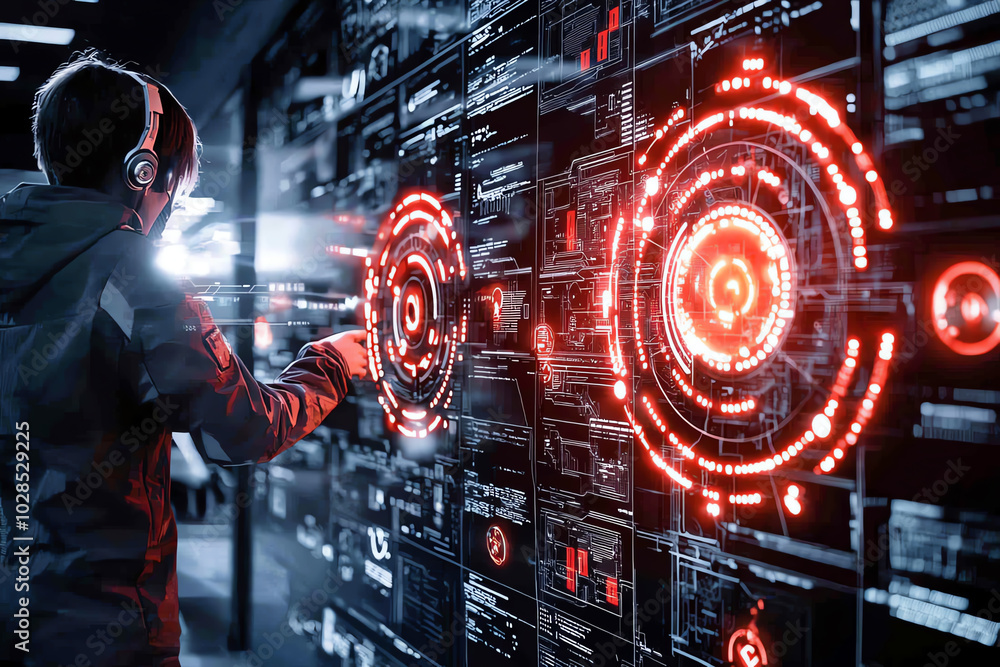Poster a person interacting with a futuristic digital interface, illuminated with red graphics.