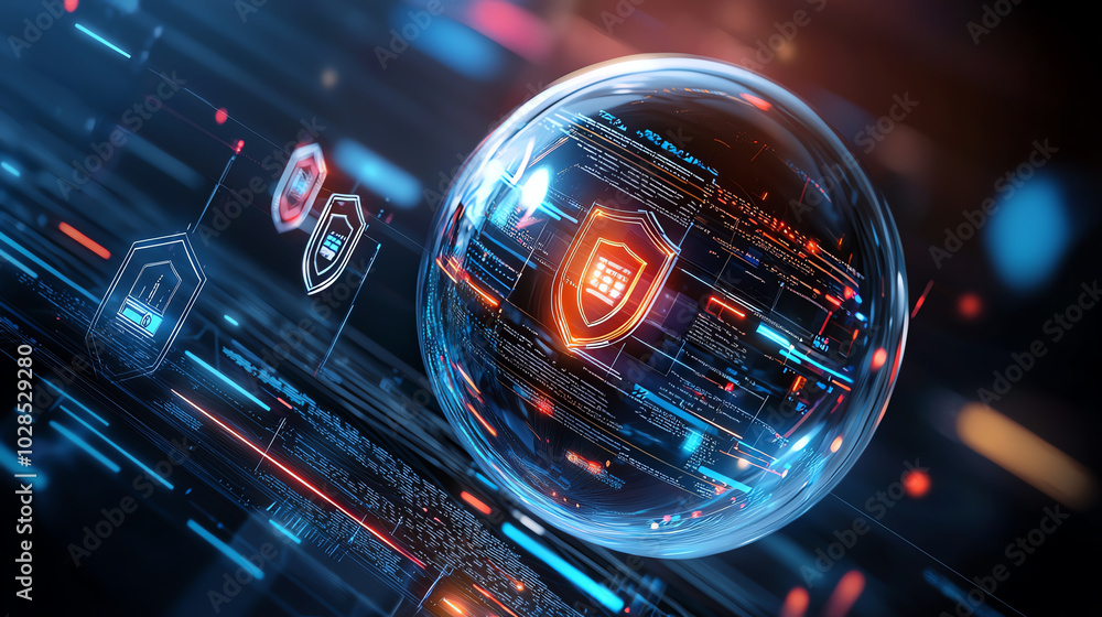 Poster abstract digital technology sphere with security icons and glowing data streams.