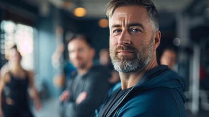 Fit male coach, 40 years old, posing confidently in the gym with weights and machines in view.