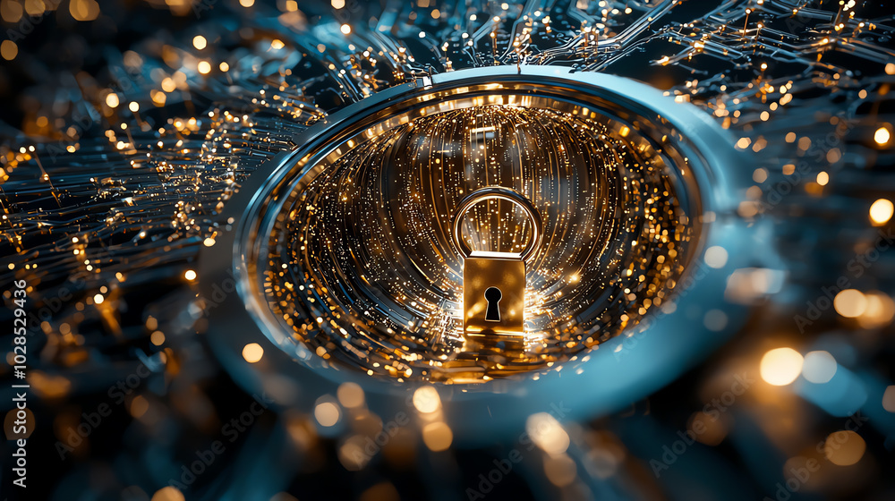 Poster close-up of a padlock surrounded by glowing data particles.