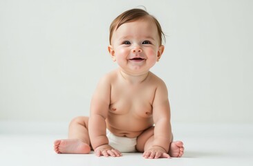 a happy child in diapers is sitting on the floor, a light background, free space for text