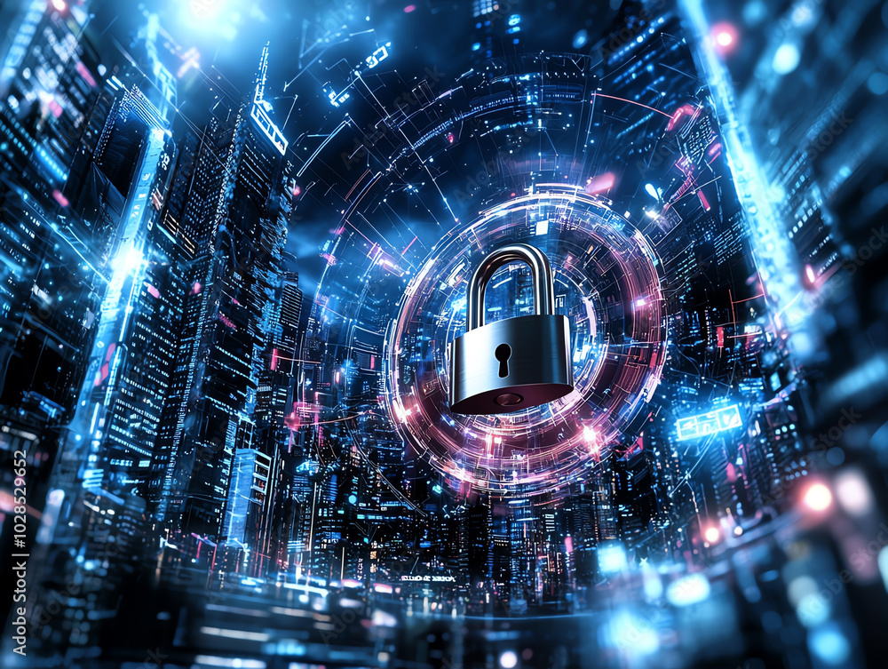 Poster digital lock in a futuristic cyber environment with glowing circuits.