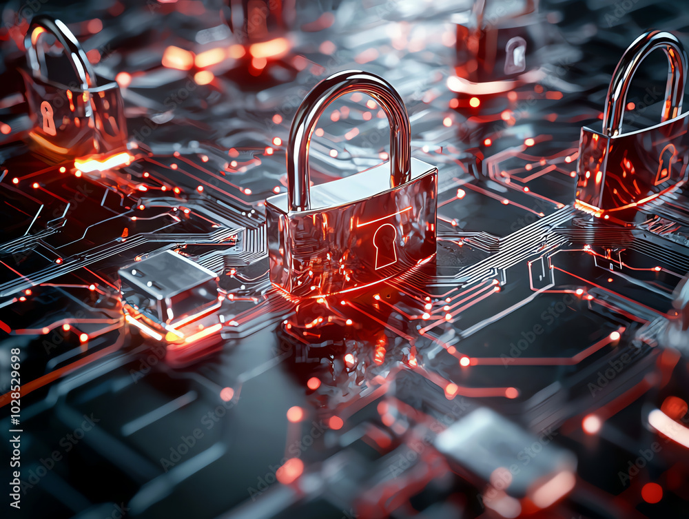 Aufkleber digital locks on a circuit board, symbolizing cybersecurity and data protection.