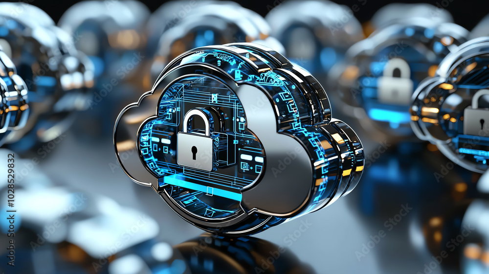 Poster futuristic cloud computing concept with a padlock symbolizing security.