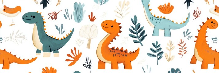 Charming Dinosaur Parade, vibrant flat illustration featuring playful cartoon dinosaurs in a whimsical, joyful pattern