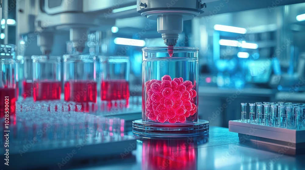Poster laboratory equipment with red solution in a glass container under a digital setup.