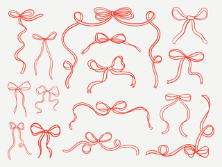 Set of elegant whimsical hand-drawn pink blue orange green color bows knots and wavy squiggle curly ribbons in trendy, vintage styles. Perfect for quirky holiday, wedding, birthday gift decorations © anya