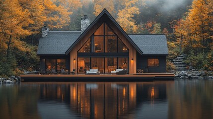 Fototapeta premium Serene Cabin Reflection in Autumn Landscape