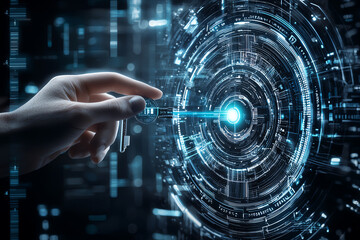 Futuristic hand reaching towards glowing digital interface.