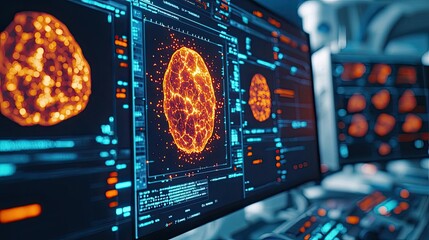 Digital brain visualization on computer screens, showcasing data analysis and innovation.