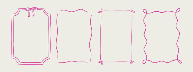 Set of elegant whimsical hand-drawn pink blue orange green color frames with wavy squiggle curly ribbons in trendy, vintage styles. Perfect for quirky holiday, wedding, birthday gift decorations