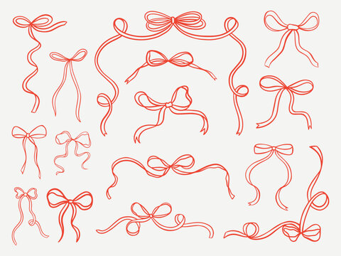 Set of elegant whimsical hand-drawn pink blue orange green color bows knots and wavy squiggle curly ribbons in trendy, vintage styles. Perfect for quirky holiday, wedding, birthday gift decorations