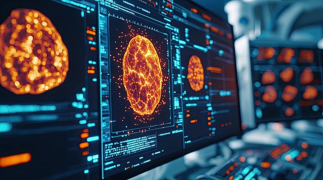 Digital brain visualization on computer screens, showcasing data analysis and innovation.