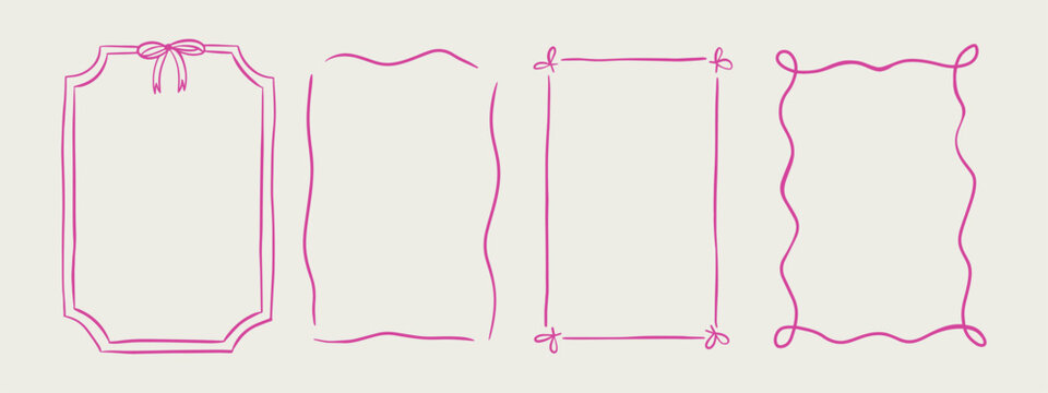 Set of elegant whimsical hand-drawn pink blue orange green color frames with wavy squiggle curly ribbons in trendy, vintage styles. Perfect for quirky holiday, wedding, birthday gift decorations