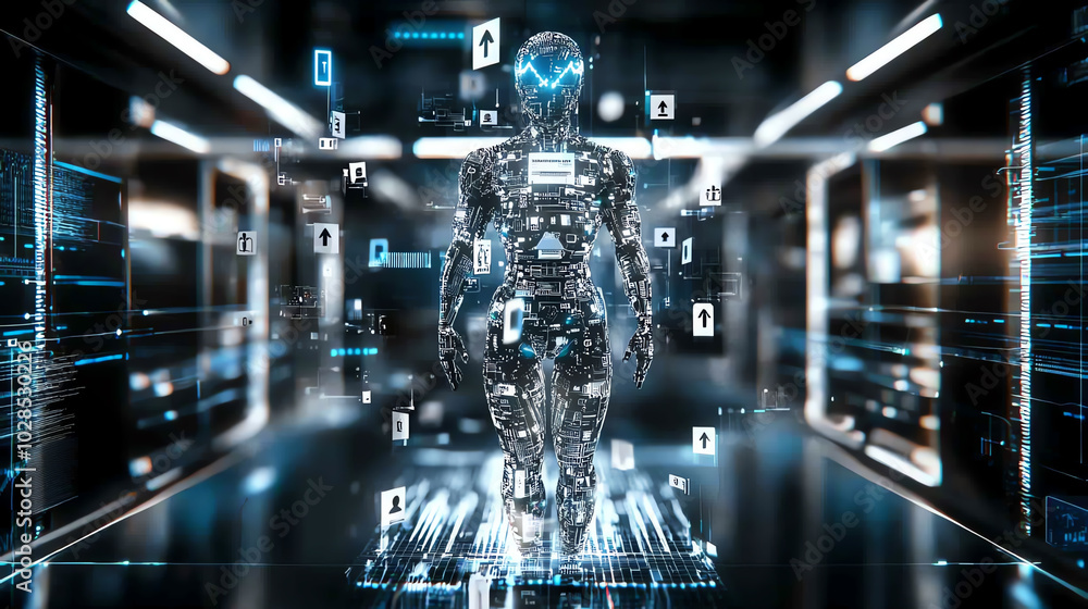 Poster futuristic robot with digital interface in a high-tech environment.