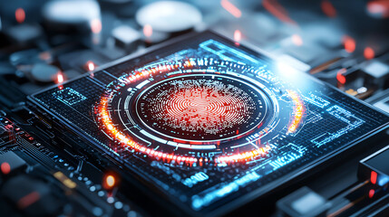 Futuristic microchip on circuit board with glowing elements and detailed textures.