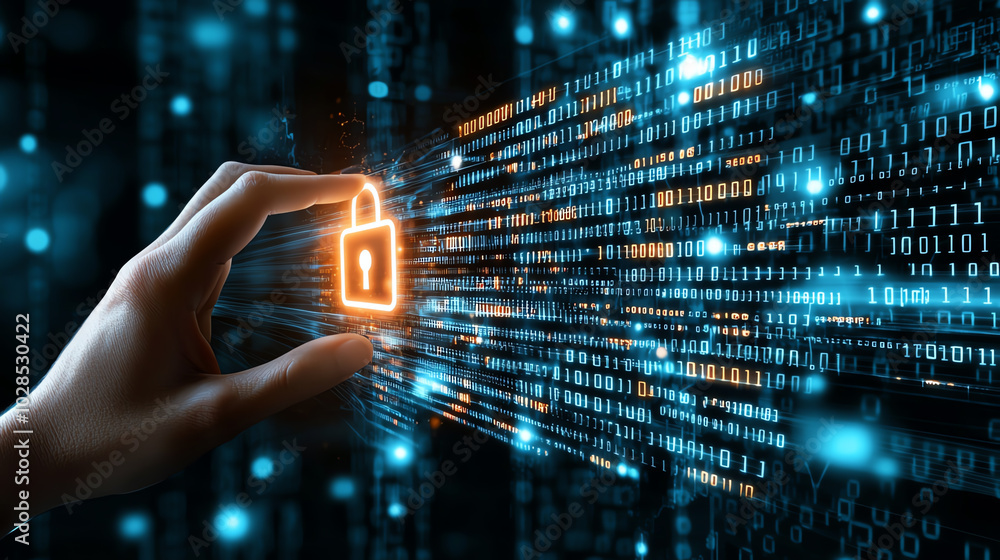 Poster hand holding a glowing padlock amidst flowing binary code, symbolizing cybersecurity.