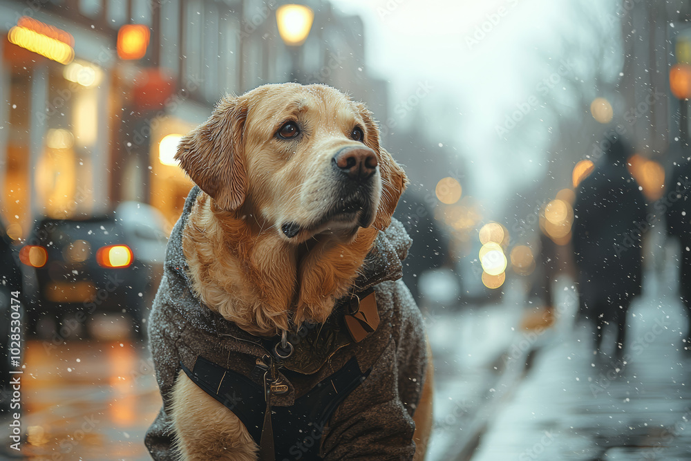 Poster a visually impaired person using a guide dog to navigate a busy street, highlighting independence. c