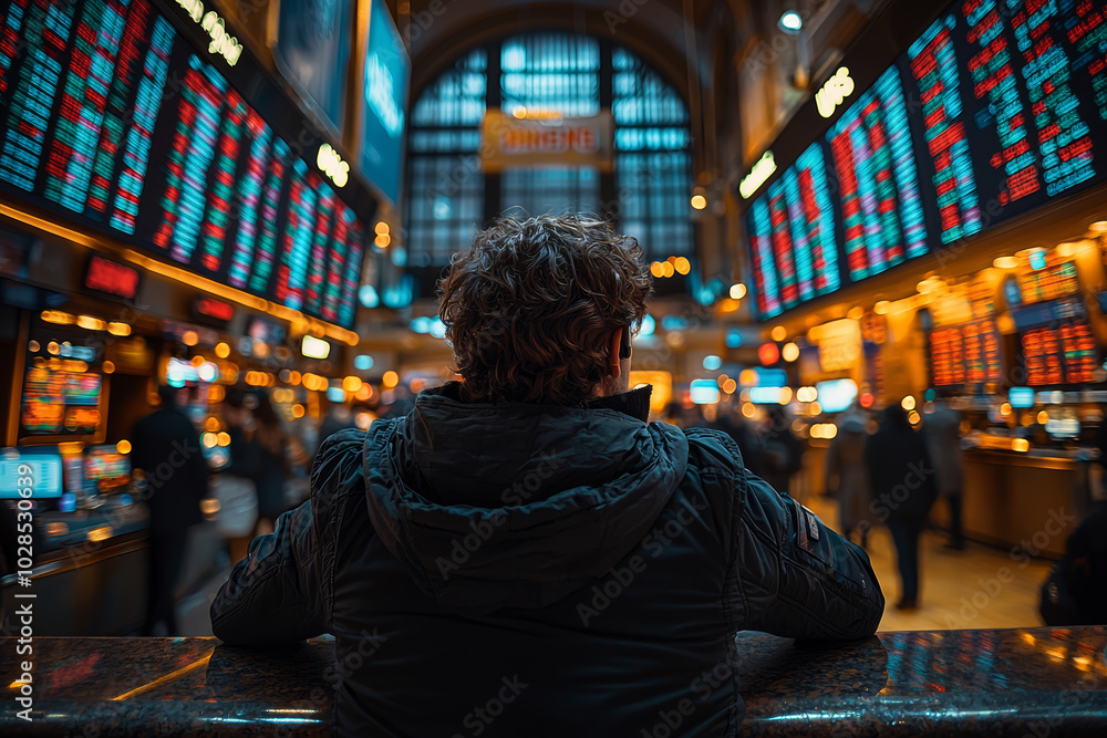 Poster a trader following global stock indices, demonstrating the interconnectedness of world markets and t
