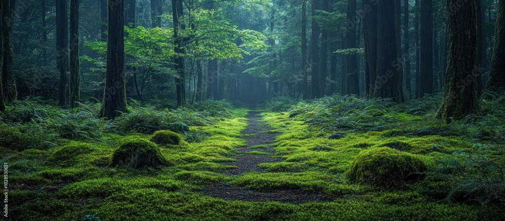 Poster a moss-covered path through a dense, green forest with tall trees and soft, diffused light.