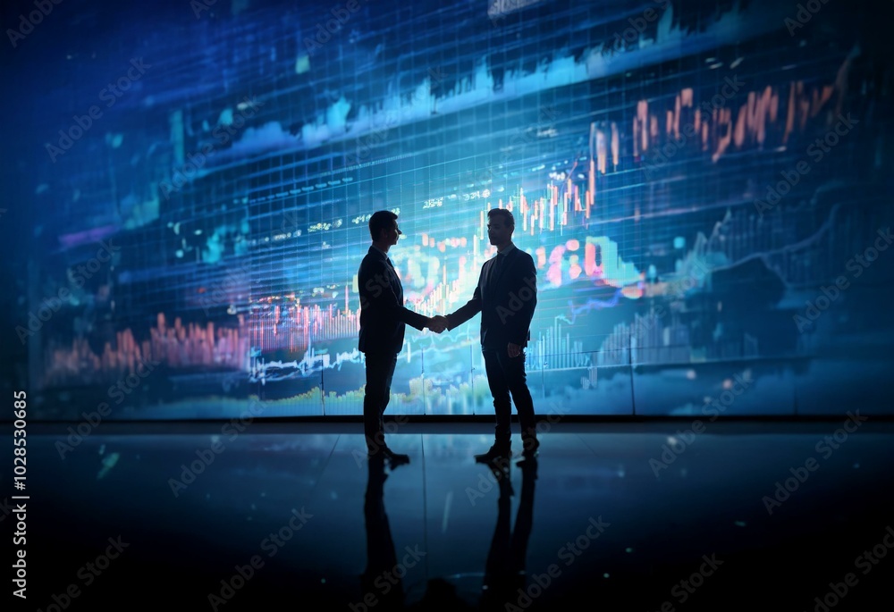 Aufkleber two businessmen in suits stand in front of a large screen displaying financial data. they shake hand