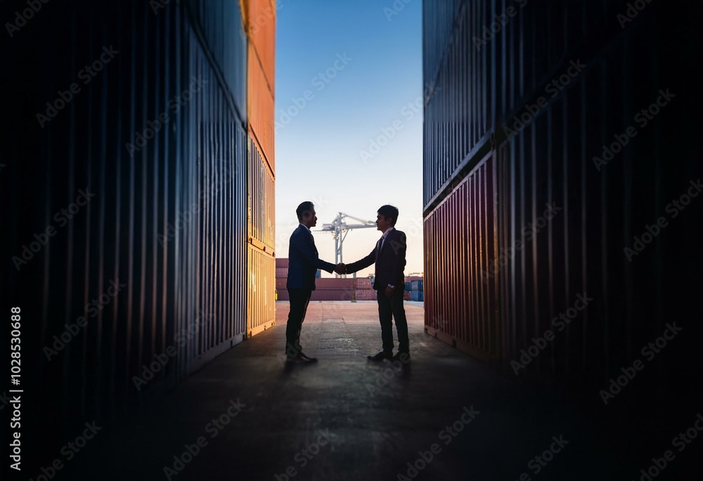 Poster two men in business suits shake hands between rows of shipping containers at sunset.