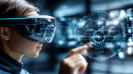 Woman using virtual reality headset, interacting with digital interface.