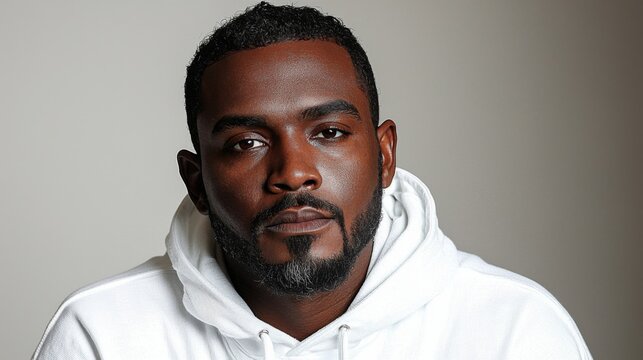 african american man, black hair and beard with some grey in it, wearing white hoodie, brown eyes, light skinned, medium build body type, background is plain white, headshot