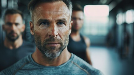 Obraz premium Horizontal portrait of a male coach in his 40s, standing in a bright gym environment.