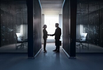 Two business professionals shake hands in a hallway, one with a briefcase.