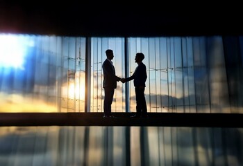 Fototapeta premium Two men shake hands in silhouette against a sunset backdrop through a large window.