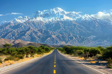 Naklejka premium Majestic Mountain Roadway - Scenic Journey to Snow-Capped Peaks and Rugged Landscapes