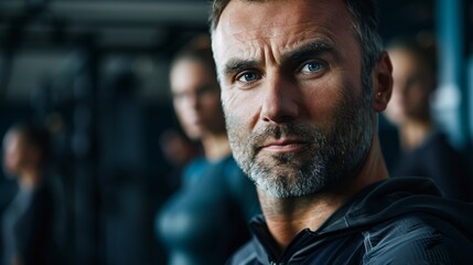 Obraz premium Strong, middle-aged male coach posing in a gym, showcasing fitness expertise.