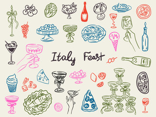 Set of whimsical hand-drawn italy party and wedding food and drink illustartion in trendy vintage style. Perfect for quirky holiday, dinner and bar menu, bachelorette party, birthday invitation, sign