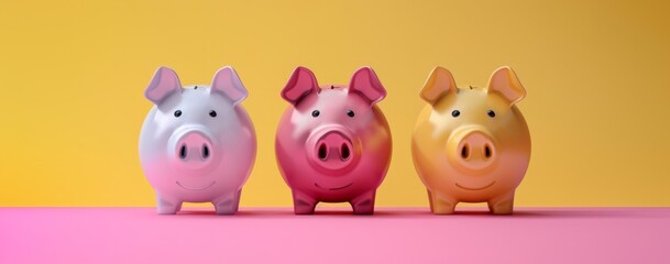 Three piggy banks on a yellow background represent family savings, financial planning, and money management