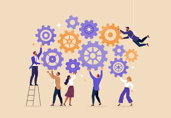 Business Teamwork concept. Contemporary flat style abstract vector illustration of a company of diverse people establishing a work process in gears. Isolated on background