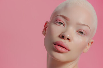 Minimalist closeup of albino woman with shaved head and glossy lips on pink