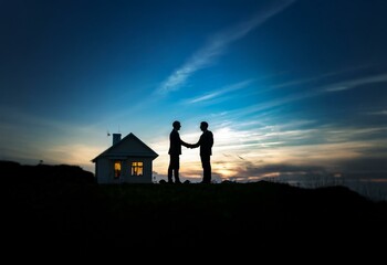 Two men in suits shake hands in front of a house at sunset.