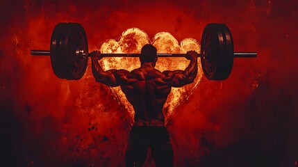 A muscular athlete lifts a barbell against a fiery background, symbolizing strength and passion for fitness.