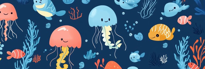 Charming sea creature pattern featuring playful jellyfish, turtles, and seahorses in a vibrant flat design, perfect for ocean-themed decor.