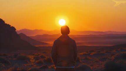 Obraz premium person from behind standing in the desert watching the last rays of the sun