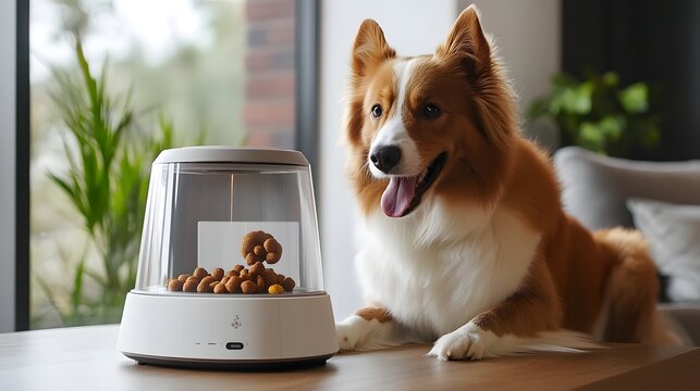 A playful dog sitting beside an automatic pet feeder, eagerly anticipating mealtime in a cozy home setting.