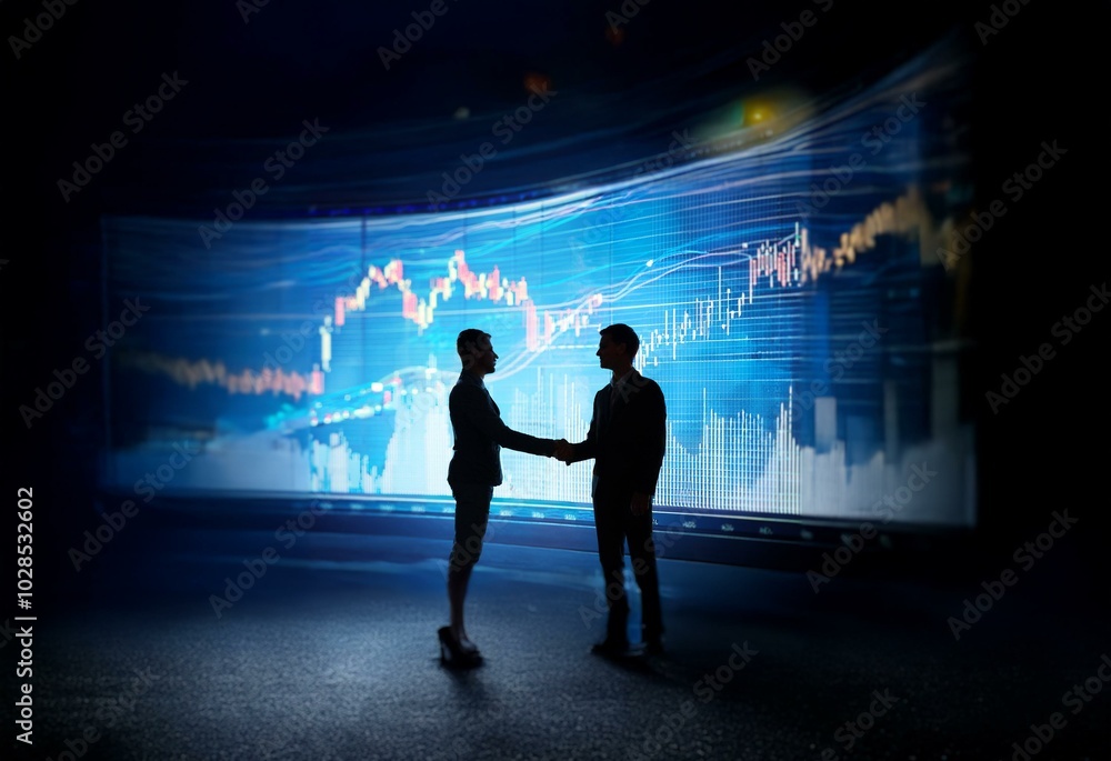 Poster two silhouettes of businesspeople shake hands in front of a large screen displaying a stock market g