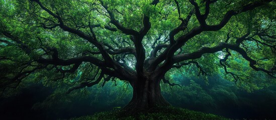 A large, old tree with thick branches and green leaves stands in a misty forest.