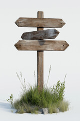 Naklejka premium Wooden arrow sign on grass isolated on white background