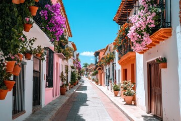 Fototapeta premium Charming street lined with vividly colored houses showcasing vibrant facades in a picturesque neighborhood.