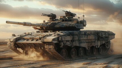 A military tank on a battlefield, showcasing its design and combat readiness.